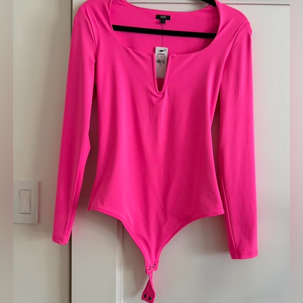 Express Hot Pink Long Sleeve Scoop-Notch Bodysuit